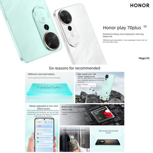Honor Play 70 Plus, 12 Go + 256 Go, lecteur d'empreintes digitales latéral, écran 6,77 pouces, MagicOS 9.0, Snapdragon 6s Gen 3 Octa Core, réseau : 5G, NFC, OTG (noir) SH451B718-013